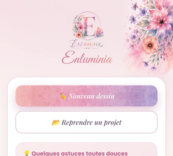 L'écran d'accueil de l'application Enluminia